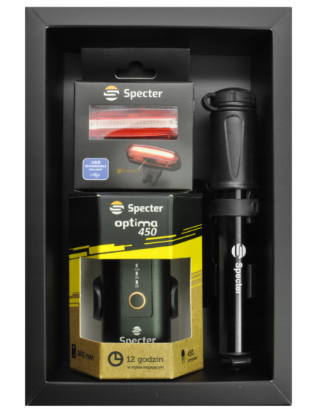 Zestaw lampek ROWEROWYCH przednia Optima450 tył AQY Pompka SPECTER PREZENT