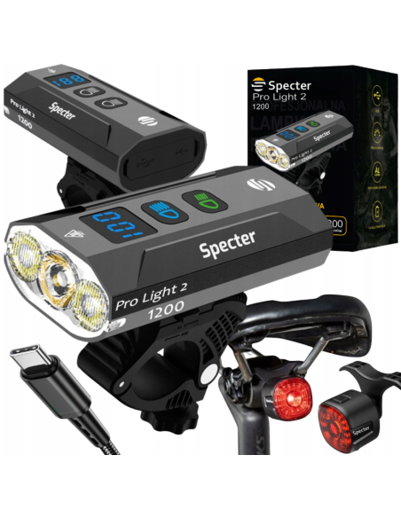 LAMPKA ROWEROWA PRO LIGHT 2 USB 1200LM POWERBANK IPX65 + tylna WT09 DO 100H